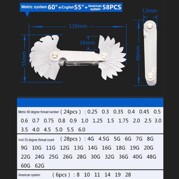 58 PCS Metric 60 Degrees +British 55 Degrees CR Stainless Steel Thread Gauge - Image 4