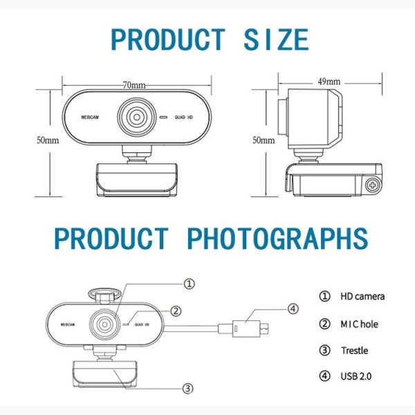 B1 4 Million Pixels 2K Resolution HD 1080P 360 Degrees Rotation Webcam with Mic & Tripod - Image 13