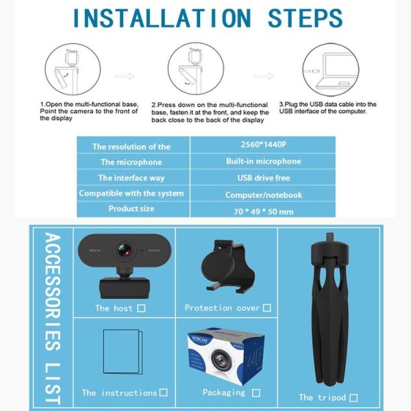 B1 4 Million Pixels 2K Resolution HD 1080P 360 Degrees Rotation Webcam with Mic & Tripod - Image 14