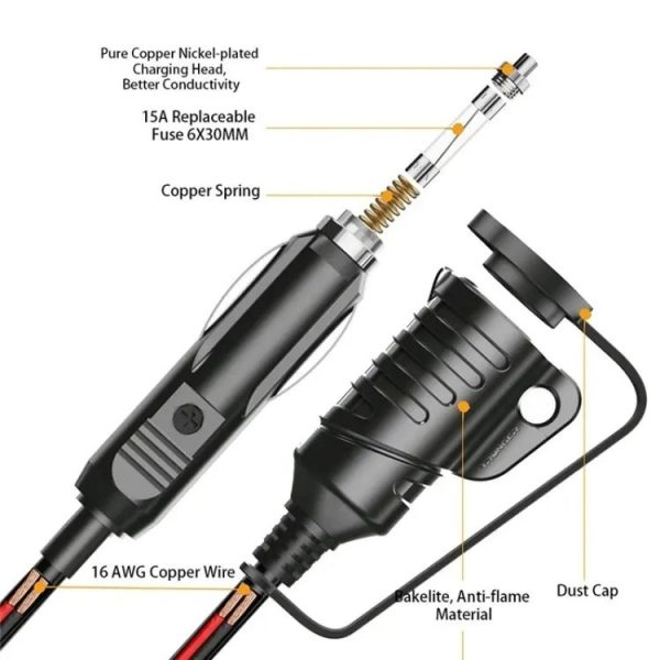 TR-29 Car Cigarette Lighter Extension Cord Male Plug to Female Socket with 16AWG Extender Cable - Image 3
