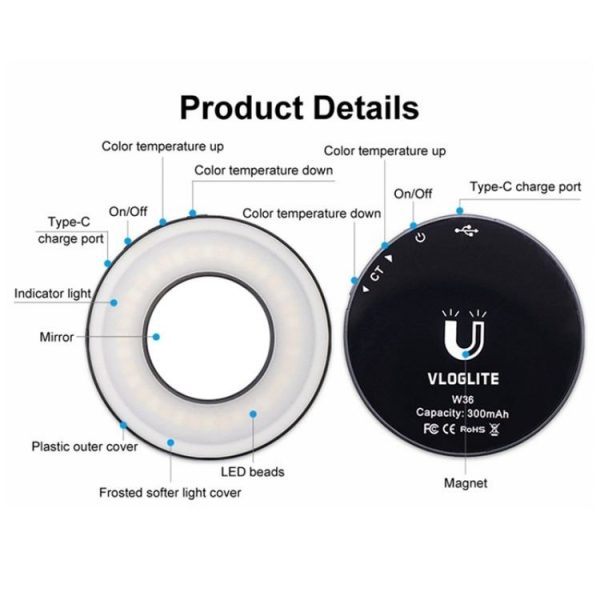 VLOGLITE W36 Mini LED Cell Phone Fill Light With Makeup Mirror Magnetic Selfie Ring Light - Image 5