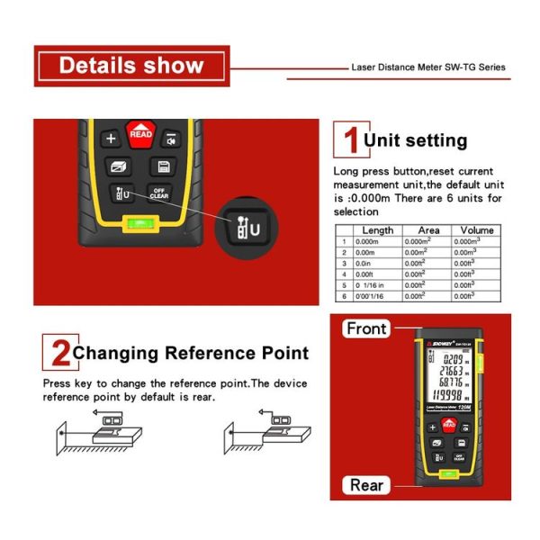 SNDWAY Double Horizontal bubble Rangefinder Laser Distance Meter Range Hand Tool Device SW- TG100 - Image 3