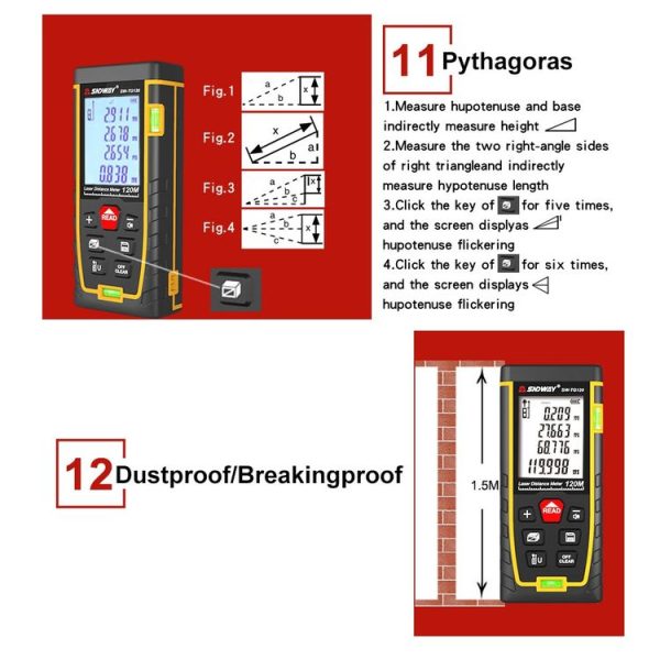 SNDWAY Double Horizontal bubble Rangefinder Laser Distance Meter Range Hand Tool Device SW- TG100 - Image 5