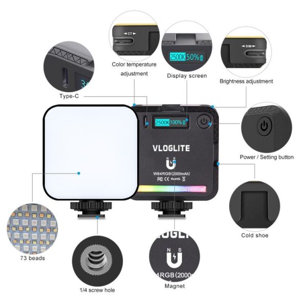 VLOGLITE W64RGB Dimmable RGB LED Pocket Fill Light 20 Modes Live Broadcast Video Light - Image 3