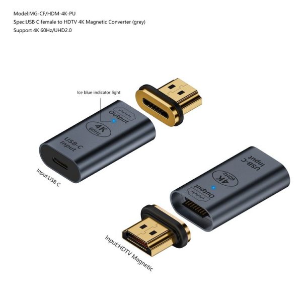 Type-C Female to HDMI 2.0 Male Converter Adapter 4K 60Hz HD Magnetic Plug (Silver) - Image 7
