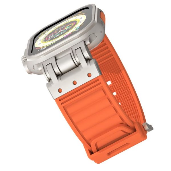 Apple Watch SE 2023 44mm Metal Mecha Plaid Silicone Watch Band (Orange) - Image 3