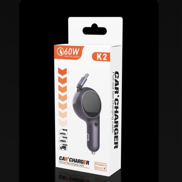 K2 With 60W Type-C Retractable Cable Type-C Port Phone Fast Charging Adapter Car Charger - Image 10