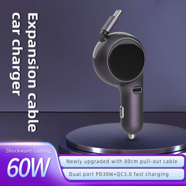 K2 With 60W Type-C Retractable Cable Type-C Port Phone Fast Charging Adapter Car Charger - Image 2