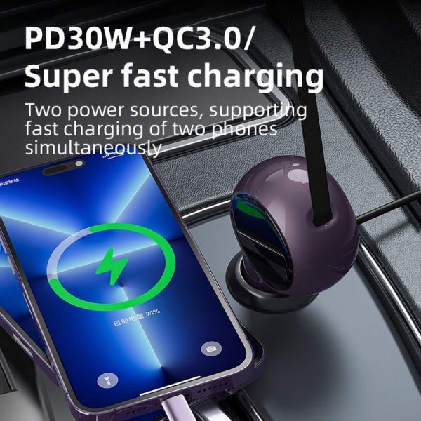 K2 With 60W Type-C Retractable Cable Type-C Port Phone Fast Charging Adapter Car Charger - Image 5