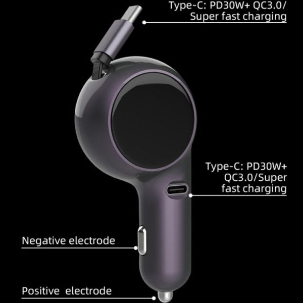 K2 With 60W Type-C Retractable Cable Type-C Port Phone Fast Charging Adapter Car Charger - Image 9