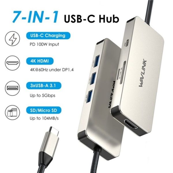 WAVLINK UHP3416 7-in-1 PD100W Charging SD / TF Card Reader 4K HD Type-C Docking Station (Black) - Image 2