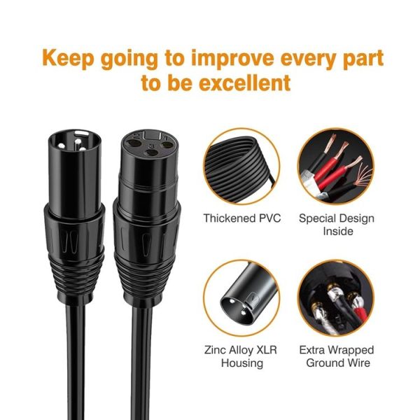 2m XLR Microphone Cable, 4.95 FT XLR Male to XLR Female Balanced 3 Pin Mic Cables, Black - Image 2