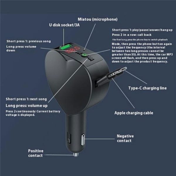 Y2 With Type-C Retractable Cables Car Bluetooth MP3 Player Hands-Free Call Adapter - Image 8