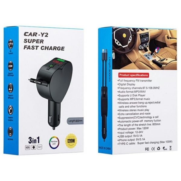 Y2 With Type-C Retractable Cables Car Bluetooth MP3 Player Hands-Free Call Adapter - Image 9