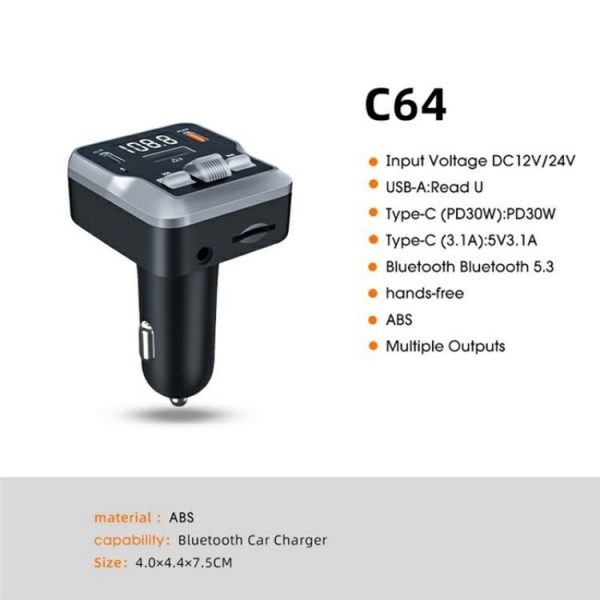 C64 MP3 Music Player Bluetooth 5.3 PD 30W Car Charger Handsfree Calling Audio Receiver - Image 4