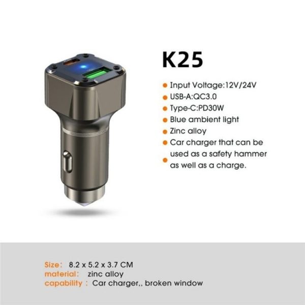 K25 Fast Charging Metal Window Breaker Car Charger Adapter PD 30W Super Charger - Image 2