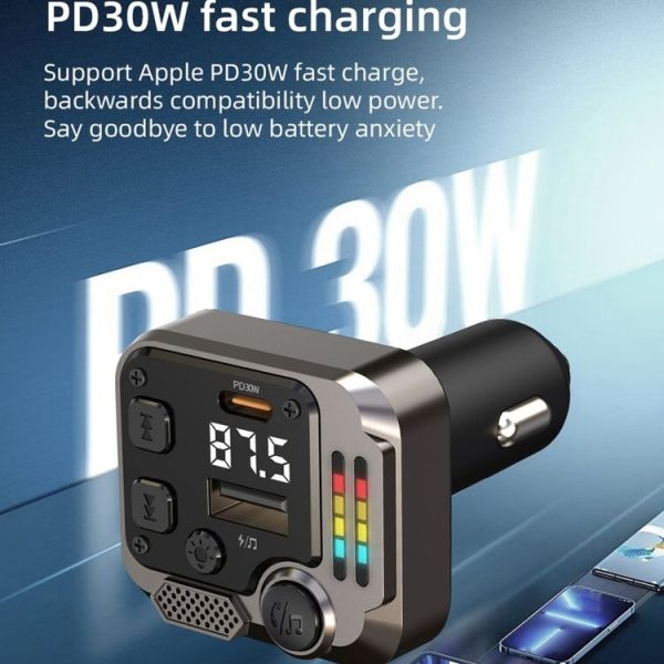 C68 Dual Port Bluetooth FM Transmitter PD 30W Car Charger Music Player Hands-Free Call - Image 2
