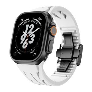 Apple Watch 44mm / 45mm / 46mm / 49mm Tailor Stainless Steel Black Butterfly Buckle Silicone Watch Band (White)
