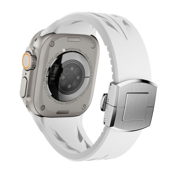 Apple Watch 44mm / 45mm / 46mm / 49mm Tailor Stainless Steel Silver Butterfly Buckle Silicone Watch Band (White) - Image 3