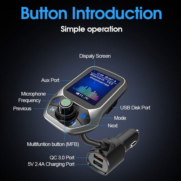 T43 Car Bluetooth Mp3 Multi-function Large Color Screen QC3.0 Bluetooth Car Charge Lossless Car Bluetooth Player - Image 12
