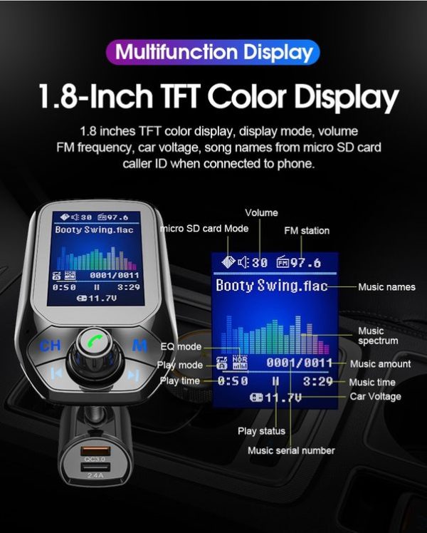 T43 Car Bluetooth Mp3 Multi-function Large Color Screen QC3.0 Bluetooth Car Charge Lossless Car Bluetooth Player - Image 5