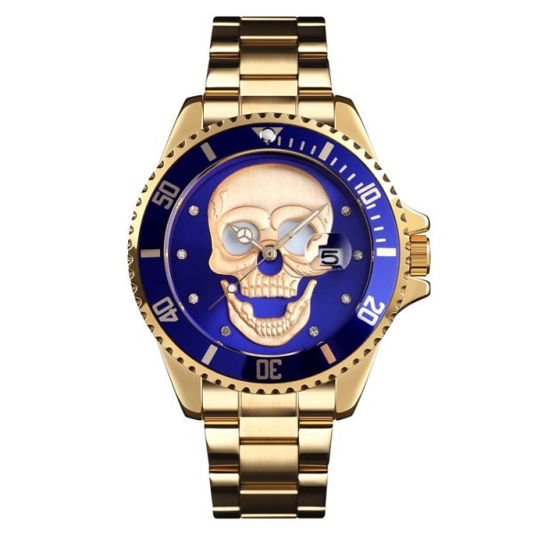 SKMEI 9195 Fashion Water-inlaid Drill Skull Nightlight Waterproof Quartz Watch Steel Strip Watch for Men (Golden Blue)