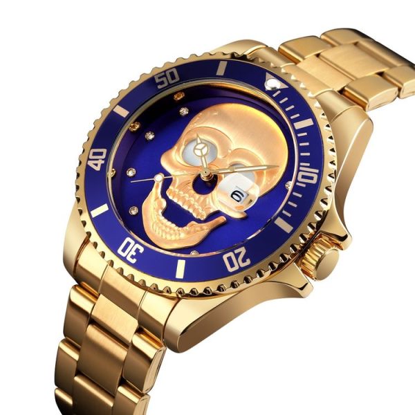SKMEI 9195 Fashion Water-inlaid Drill Skull Nightlight Waterproof Quartz Watch Steel Strip Watch for Men (Golden Blue) - Image 3