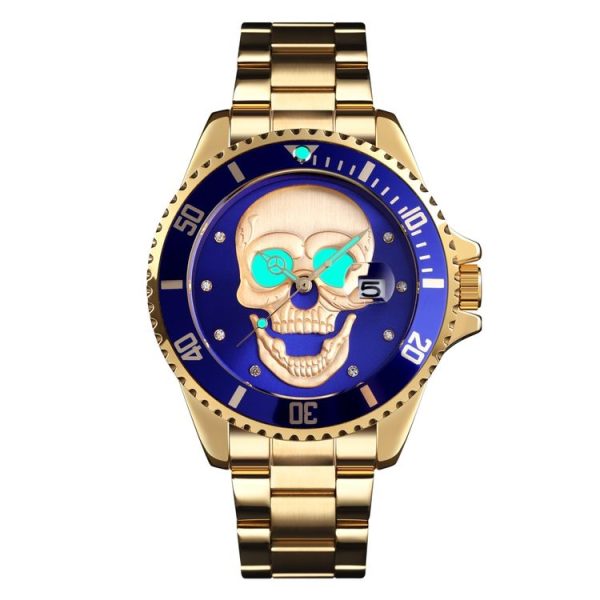 SKMEI 9195 Fashion Water-inlaid Drill Skull Nightlight Waterproof Quartz Watch Steel Strip Watch for Men (Golden Blue) - Image 4