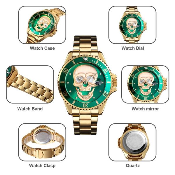 SKMEI 9195 Fashion Water-inlaid Drill Skull Nightlight Waterproof Quartz Watch Steel Strip Watch for Men (Golden Blue) - Image 5