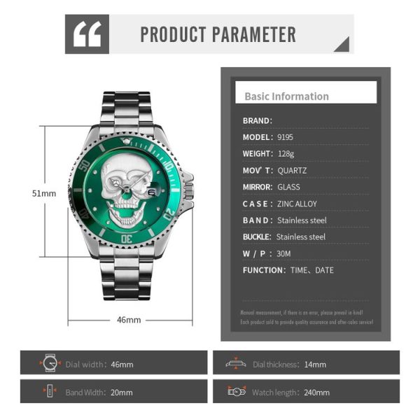 SKMEI 9195 Fashion Water-inlaid Drill Skull Nightlight Waterproof Quartz Watch Steel Strip Watch for Men (Golden Blue) - Image 6