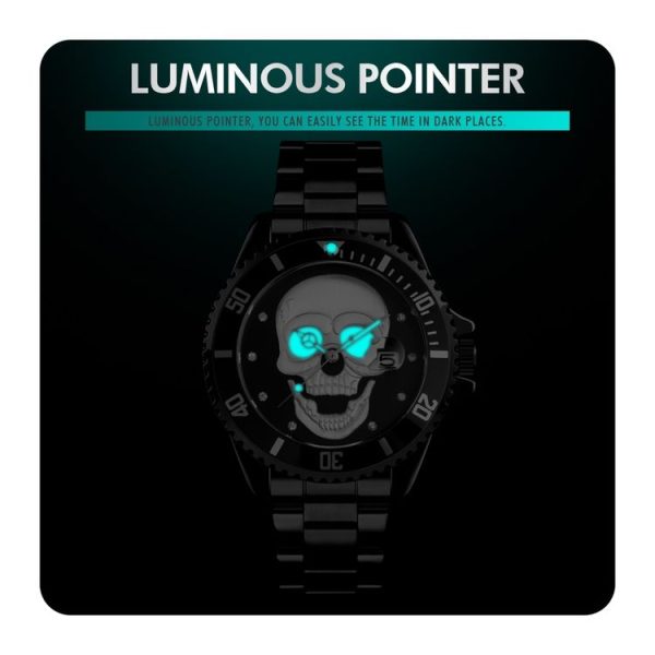 SKMEI 9195 Fashion Water-inlaid Drill Skull Nightlight Waterproof Quartz Watch Steel Strip Watch for Men (Golden Blue) - Image 8