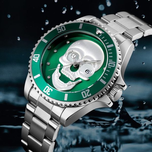 SKMEI 9195 Fashion Water-inlaid Drill Skull Nightlight Waterproof Quartz Watch Steel Strip Watch for Men (Golden Blue) - Image 9
