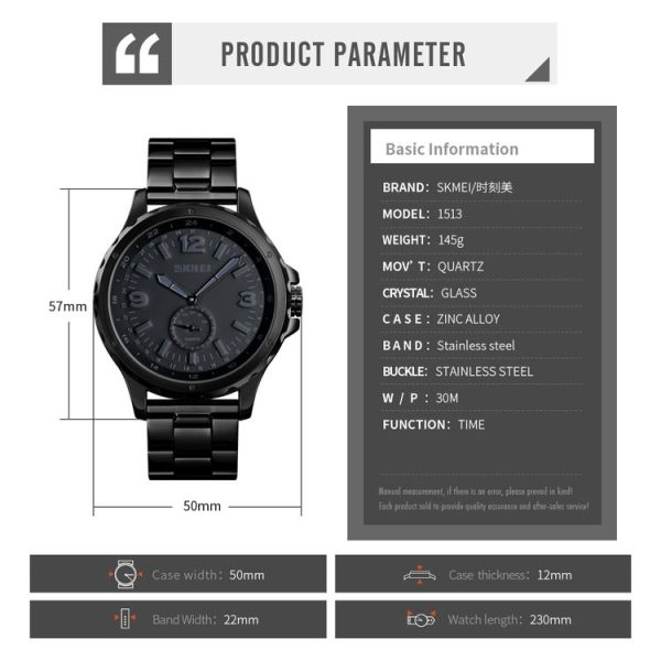 Skmei 1513 Fashion Trendy Steel Band Quartz Watch Mens Waterproof Leisure Watch (Black) - Image 10