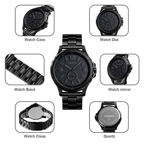 Skmei 1513 Fashion Trendy Steel Band Quartz Watch Mens Waterproof Leisure Watch (Black) - Image 9