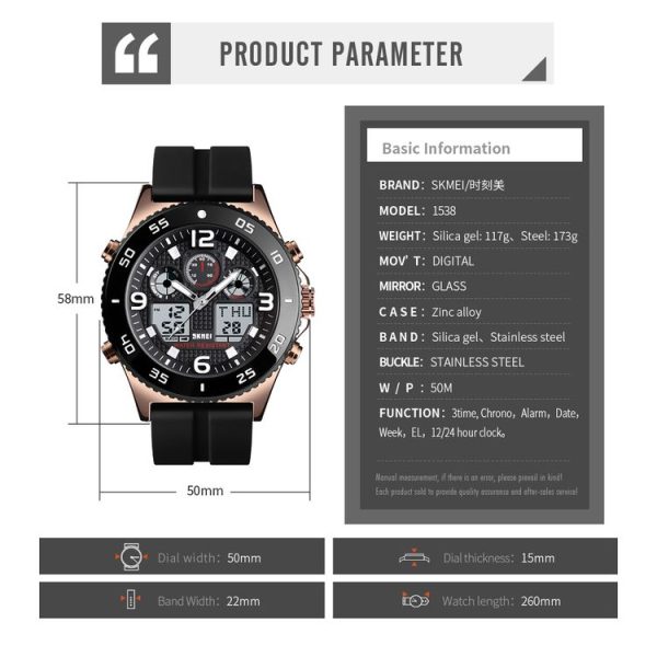 SKMEI 1538 Multi-Function Time Large Dial Steel Belt Men Casual Sports Electronic Watch (Silver-Silicone Belt) - Image 10