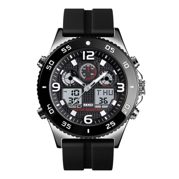 SKMEI 1538 Multi-Function Time Large Dial Steel Belt Men Casual Sports Electronic Watch (Silver-Silicone Belt) - Image 2