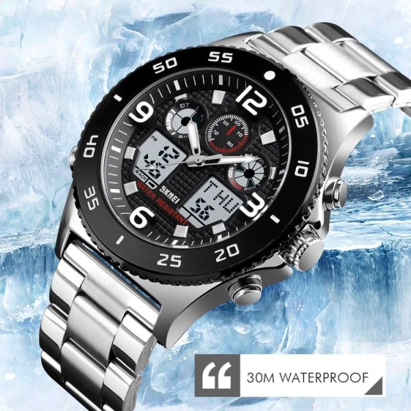 SKMEI 1538 Multi-Function Time Large Dial Steel Belt Men Casual Sports Electronic Watch (Silver-Silicone Belt) - Image 4