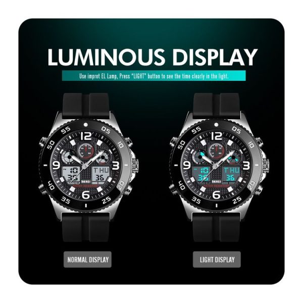 SKMEI 1538 Multi-Function Time Large Dial Steel Belt Men Casual Sports Electronic Watch (Silver-Silicone Belt) - Image 9