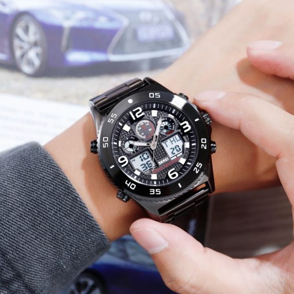 SKMEI 1538 Multi-Function Time Large Dial Steel Belt Men Casual Sports Electronic Watch (Black-Steel Belt) - Image 13