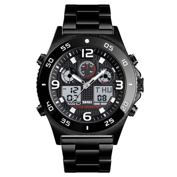 SKMEI 1538 Multi-Function Time Large Dial Steel Belt Men Casual Sports Electronic Watch (Black-Steel Belt) - Image 2