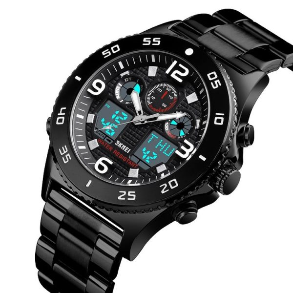 SKMEI 1538 Multi-Function Time Large Dial Steel Belt Men Casual Sports Electronic Watch (Black-Steel Belt) - Image 3