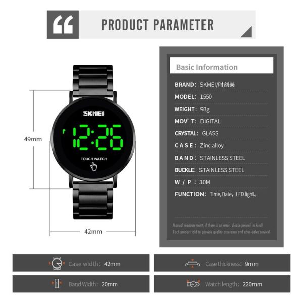SKMEI 1550 Simple and Stylish LED Touch Screen Men Watch Waterproof Stainless Steel With Electronic Watch (Black) - Image 10