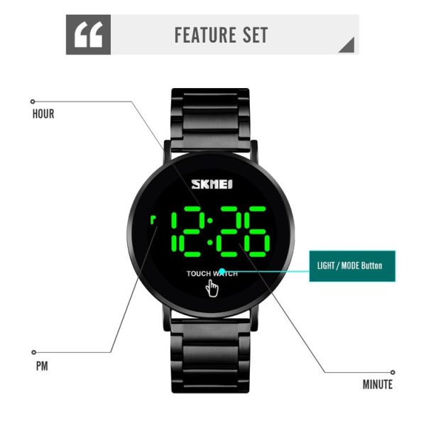 SKMEI 1550 Simple and Stylish LED Touch Screen Men Watch Waterproof Stainless Steel With Electronic Watch (Black) - Image 8