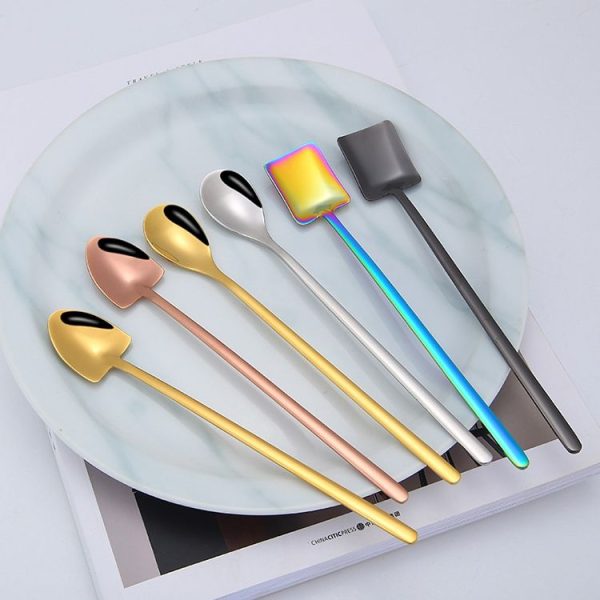2 PCS Stainless Steel Spoon Creative Coffee Spoon Bar Ice Spoon Gold Plated Long Stirring Spoon, Style: Square Spoon, Color: Gold - Image 5