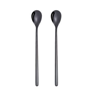 2 PCS Stainless Steel Spoon Creative Coffee Spoon Bar Ice Spoon Gold Plated Long Stirring Spoon, Style: Round Spoon, Color: Black