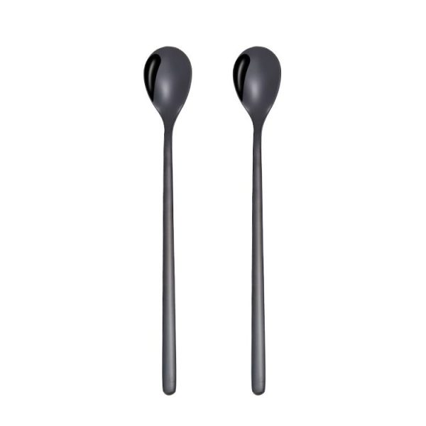 2 PCS Stainless Steel Spoon Creative Coffee Spoon Bar Ice Spoon Gold Plated Long Stirring Spoon, Style: Round Spoon, Color: Black