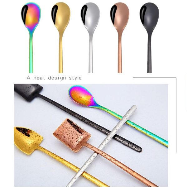 2 PCS Stainless Steel Spoon Creative Coffee Spoon Bar Ice Spoon Gold Plated Long Stirring Spoon, Style: Round Spoon, Color: Black - Image 4