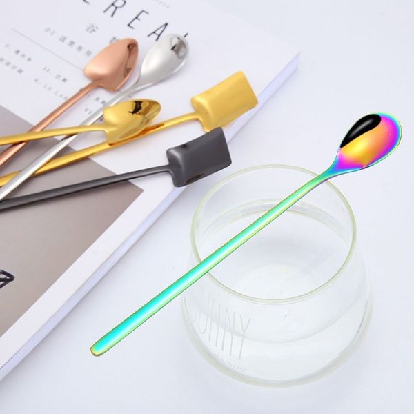 2 PCS Stainless Steel Spoon Creative Coffee Spoon Bar Ice Spoon Gold Plated Long Stirring Spoon, Style: Round Spoon, Color: Black - Image 6