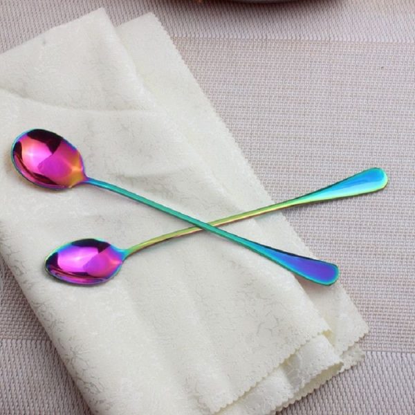 2 PCS Stainless Steel Rainbow Long Handled Coffee Scoops Cold Drink Stirring Spoon for Dessert Cake, Style: Round Spoon (Colorful) - Image 3