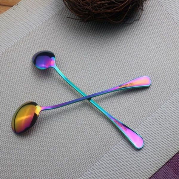 2 PCS Stainless Steel Rainbow Long Handled Coffee Scoops Cold Drink Stirring Spoon for Dessert Cake, Style: Round Spoon (Colorful) - Image 4